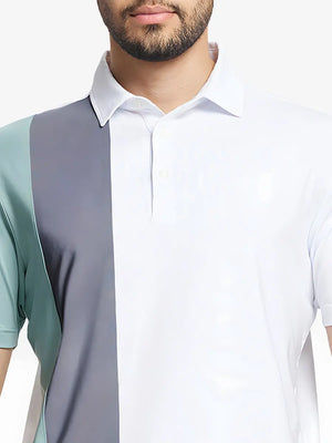 Front half-body view from nose to chest of model wearing WHITE Moisture Wicking Color Block Polo Shirt.