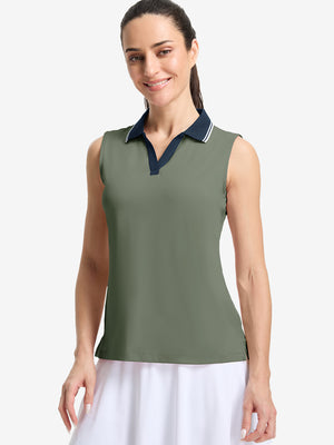 Front upper body shot of model wearing mossy stone women's collared v neck quick dry tank tops