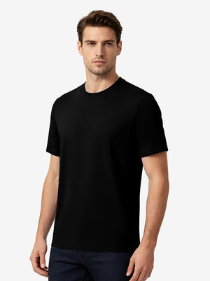Front upper body view in black of men's short sleeve slim fit roma knit t-shirt.