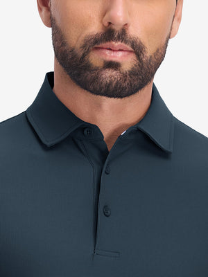 Front shot from nose to chest of model wearing navy dry fit waffle textured collared golf shirts