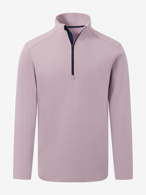 Front 3D view of two tone pique cotton blend q-zip featuring a clean red finish
