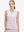 Front upper body shot of model wearing pink purple stripes women's sleeveless v-neck print golf shirts