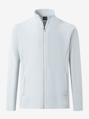 3D front view of soft winter fleece jackets in light grey, showing cozy texture and clean design.