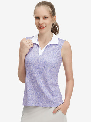 Front upper body shot of model wearing lavender rose women's sleeveless v-neck print golf shirts