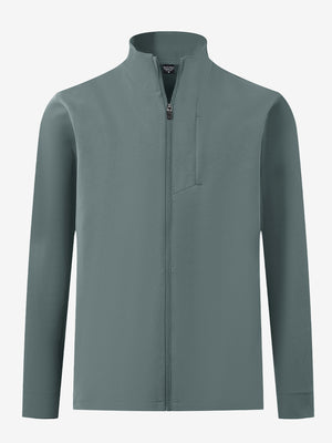 Water-resistant zip up golf jacket in dark dusty blue, clean 3D front view highlighting sleek design.