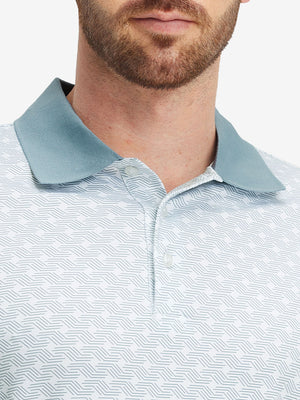 Front view from nose to chest of model wearing dark grey line premium ribbed collar print polo shirts