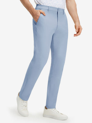 Front lower body shot of model wearing sky blue stretch cotton blend slim fit golf trousers 5 pockets