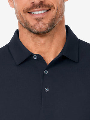 Front view from nose to chest in navy of nylon blend casual jacquard polo shirts.