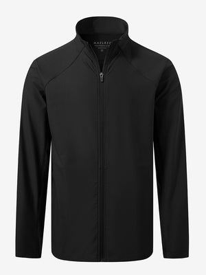 Lightweight water-resistant outerwear jacket in black, front 3D view with clean structure