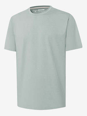 Front full body view in light green heather of moisture wicking heather round neck athletic t-shirts.