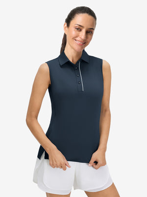 Front upper body view in navy of women's 4 buttons golf polo shirts.