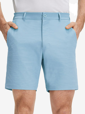 Front lower body shot of model wearing sky blue flat front flex cotton blend golf shorts
