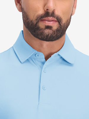 Front shot from nose to chest of model wearing light blue dry fit waffle textured collared golf shirts