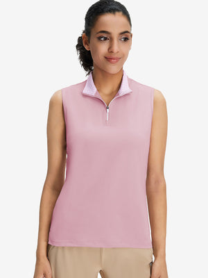 Front upper body shot of model wearing lavender women's athletic quarter zip tank tops