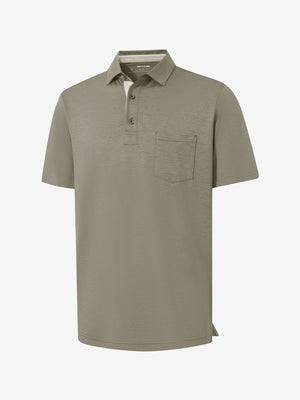 3d view of garment in taupe heather of performance heather contrast collar polo shirts.
