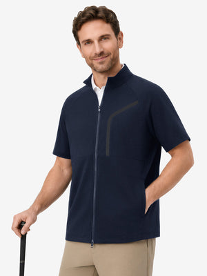 Upper body wearing view on model, lightweight upf50+ short sleeve golf vests jacket in navy