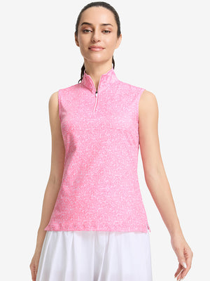Front upper body shot of model wearing pink white florals women's sleeveless q-zip print quick dry golf tops