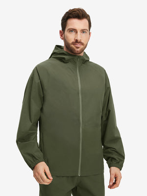 Front upper body shot of model wearing army green waterproof lightweight rain jacket with hood