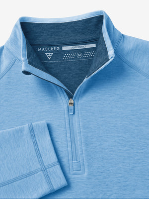 Close-up display of shirt collar structural details, dry fit athletic 1/4 zip sweatshirt in blue heather