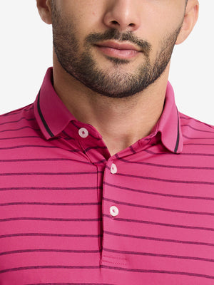 Front shot from nose to chest of model wearing beetroot purple/charcoal htr non-curl ribbed collar striped polo shirts