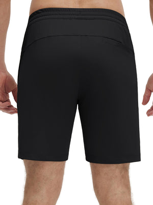 Back lower body shot of model wearing black 4 way stretch breathable workout athletic shorts