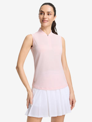 Front upper body shot of model wearing light pink white women's q-zip pin striped texture golf shirts