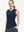 Front upper body shot of model wearing navy women's athletic quarter zip tank tops