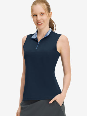 Front upper body shot of model wearing navy women's athletic quarter zip tank tops