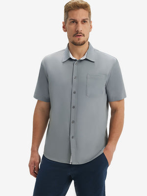 Front upper body shot of model wearing grey cool print plain button up shirts