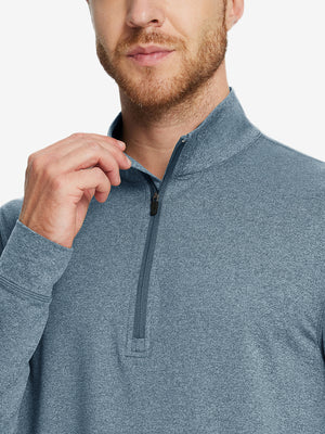 Model front half-body view pulling zipper slightly on quarter zip melange pullover saxony blue melange.