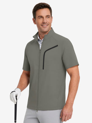 Upper body wearing view on model, lightweight upf50+ short sleeve golf vests jacket in khaki grey