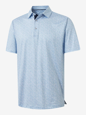 3D render of the light blue line leaf 4 way stretch print collared polo shirt, displaying the garment structure and design clearly