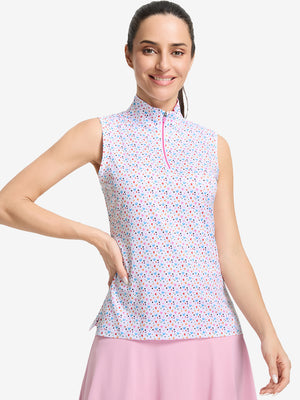 Front upper body shot of model wearing colorful hearts women's sleeveless q-zip print quick dry golf tops