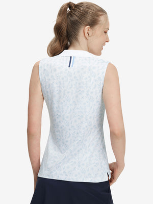 Back upper body shot of model wearing white blue florals women's sleeveless v-neck print golf shirts