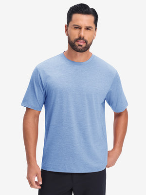 Front upper body view in blue heather of moisture wicking heather round neck athletic t-shirts.