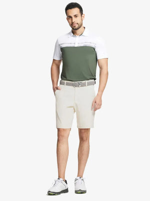 MAELREG Water Resistant Golf Shorts – full-body pose, hand in pocket, Beige, 9 Inch