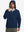 Model wearing water-resistant heat-tech softshell winter jacket with hood, navy, front upper-body.