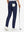 Back lower body shot of model wearing dark blue stretch cotton blend slim fit golf trousers 5 pockets