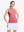 Front upper body shot of model wearing pink women's moisture-wicking mock neck sleeveless golf tops