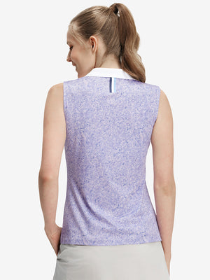 Back upper body shot of model wearing lavender rose women's sleeveless v-neck print golf shirts