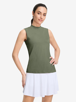 Front upper body shot of model wearing mossy stone women's moisture-wicking mock neck sleeveless golf tops