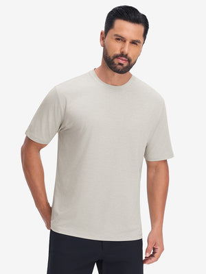 Front upper body view in light khaki heather of moisture wicking heather round neck athletic t-shirts.