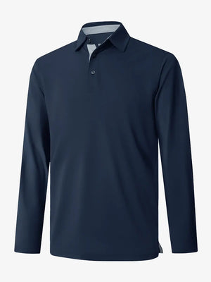 3D view of the olive green long sleeve pique polo, showcasing its natural design and comfortable fit.