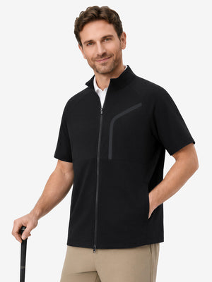 Upper body wearing view on model, lightweight upf50+ short sleeve golf vests jacket in black