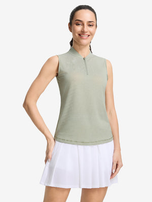 Front upper body shot of model wearing moss green white women's q-zip pin striped texture golf shirts