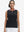 Front upper body shot of model wearing black women's athletic quarter zip tank tops
