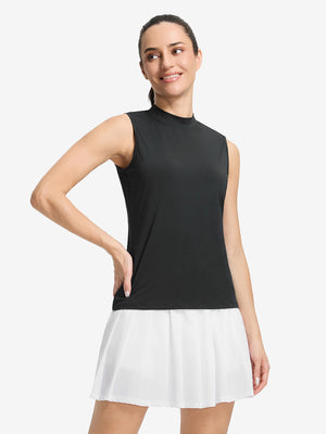 Front upper body shot of model wearing black women's moisture-wicking mock neck sleeveless golf tops