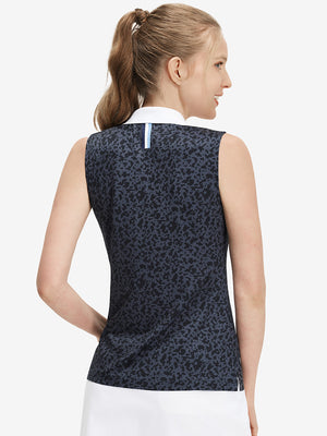Back upper body shot of model wearing black gray blocks women's sleeveless v-neck print golf shirts