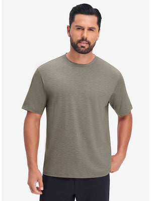  Front upper body view in taupe heather of moisture wicking heather round neck athletic t-shirts.