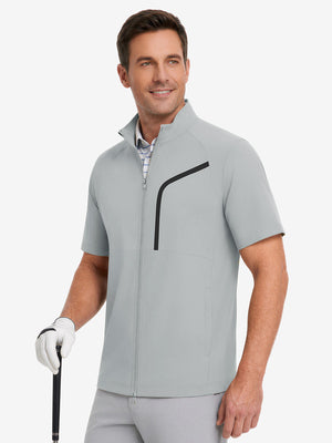 Upper body wearing view on model, lightweight upf50+ short sleeve golf vests jacket in silver grey